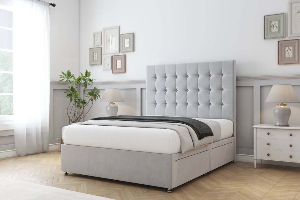 image 1 of Sloomy Alabama Silver Plush Divan Bed Base 2 Drawers Same Side With 54 Inch Floor Standing Headboard | Silver | Silver | King | 1