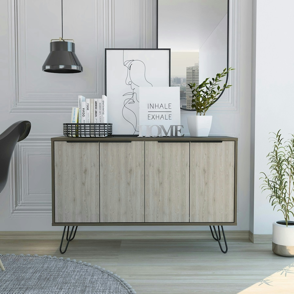 image 1 of Nevada Large Sideboard in Smoked Oak with 4 Doors - Contrasting Bleached Grey Oak and Black Hairpin Legs | Brown | Brown | One Size | 1
