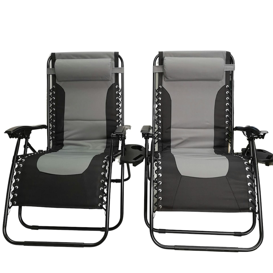 image 1 of Set of 2 Luxury Padded Multi Position Zero Gravity Garden Relaxer Chair Lounger in Grey & Black