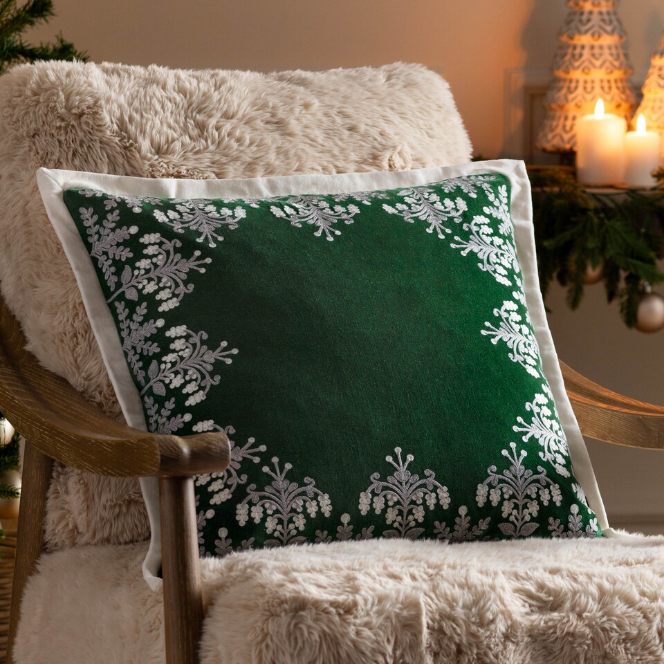 image 1 of Paoletti Embroidered Cushion, Green, 50 x 50cm