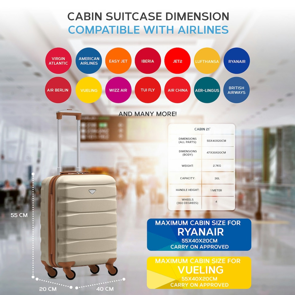 image 1 of 55x40x20cm Ryanair (Priority) TUI, Carry on Cabin Suitcase Hard Shell Approved for 60+ Airlines Cream | Cream/Brown | Cabin Bag