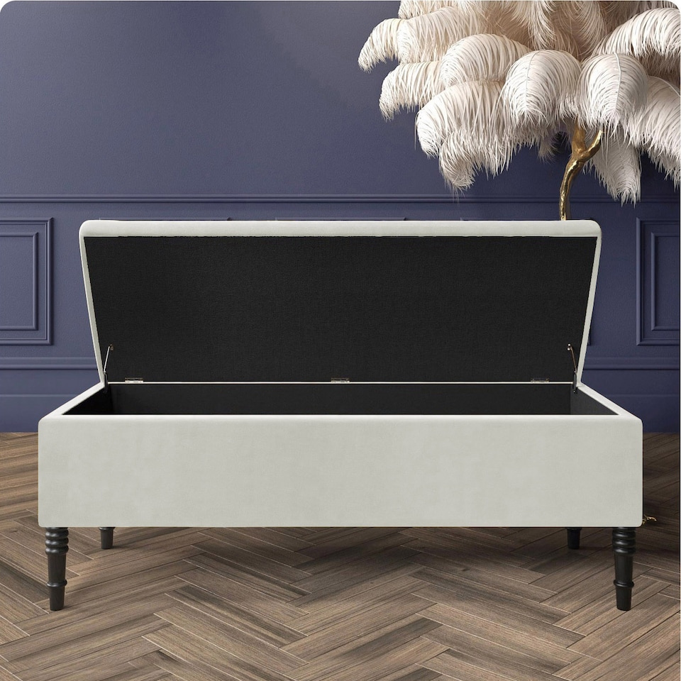 image 1 of Paris Plain 180cm Ottoman Storage Bench - Plush Velvet Shoe Bench - Cream Upholstery Footstool with Storage