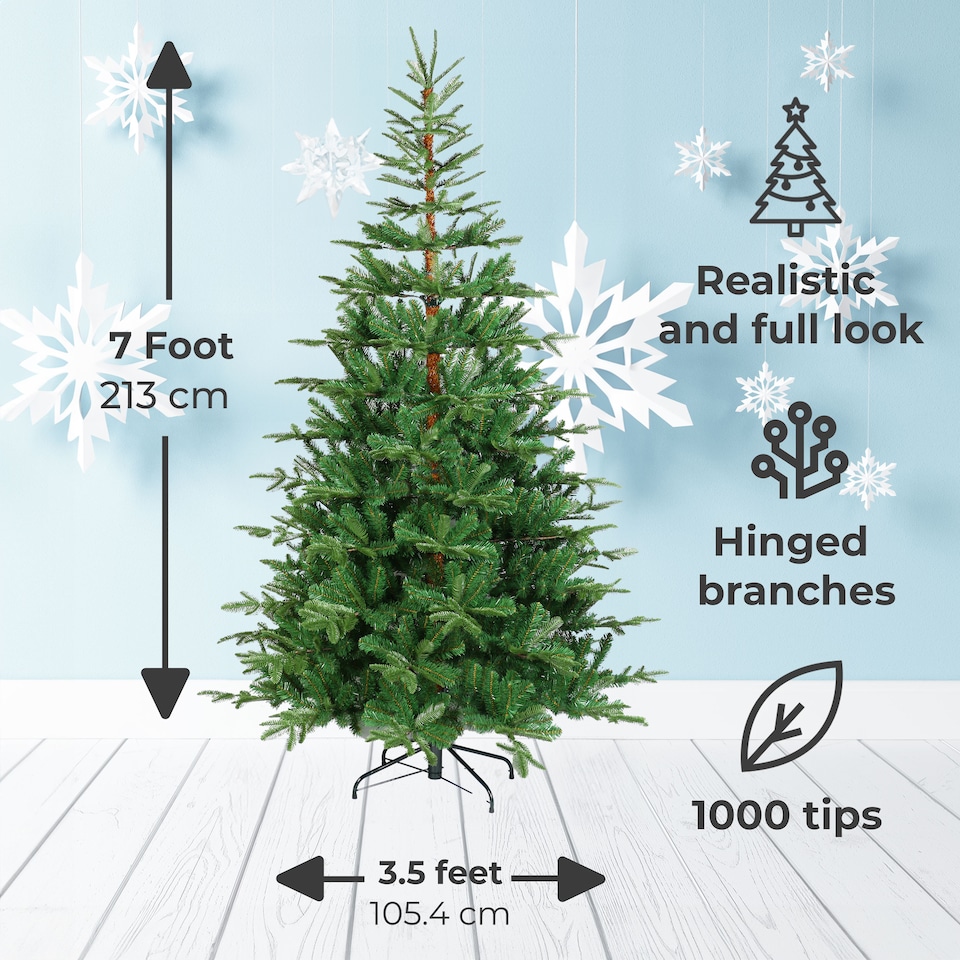 image 1 of Neo 7 Foot Artificial Green Natural Spruce Grandis Fir Real Realistic Look Shape Xmas Christmas Tree | Green | 7ft