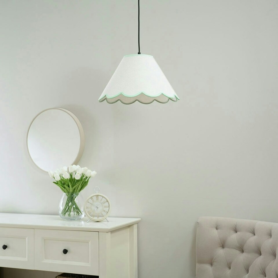 image 1 of ValueLights Florie Natural Linen Large Tapered Lamp Shade with Scallop Green Trim with LED Bulb Green