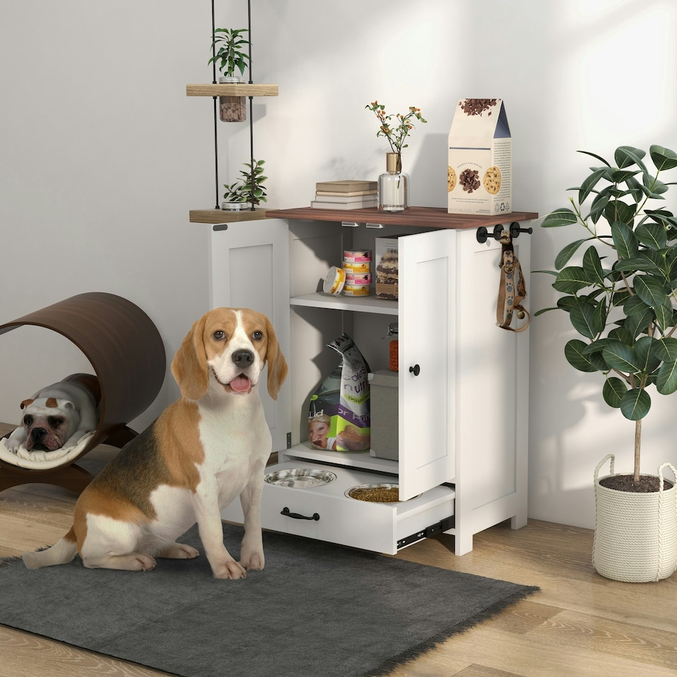 image 1 of PawHut Dog Feeding Station with Storage, Pet Feeding Station with Dog Bowls White | 80H x 60W x 35D cm