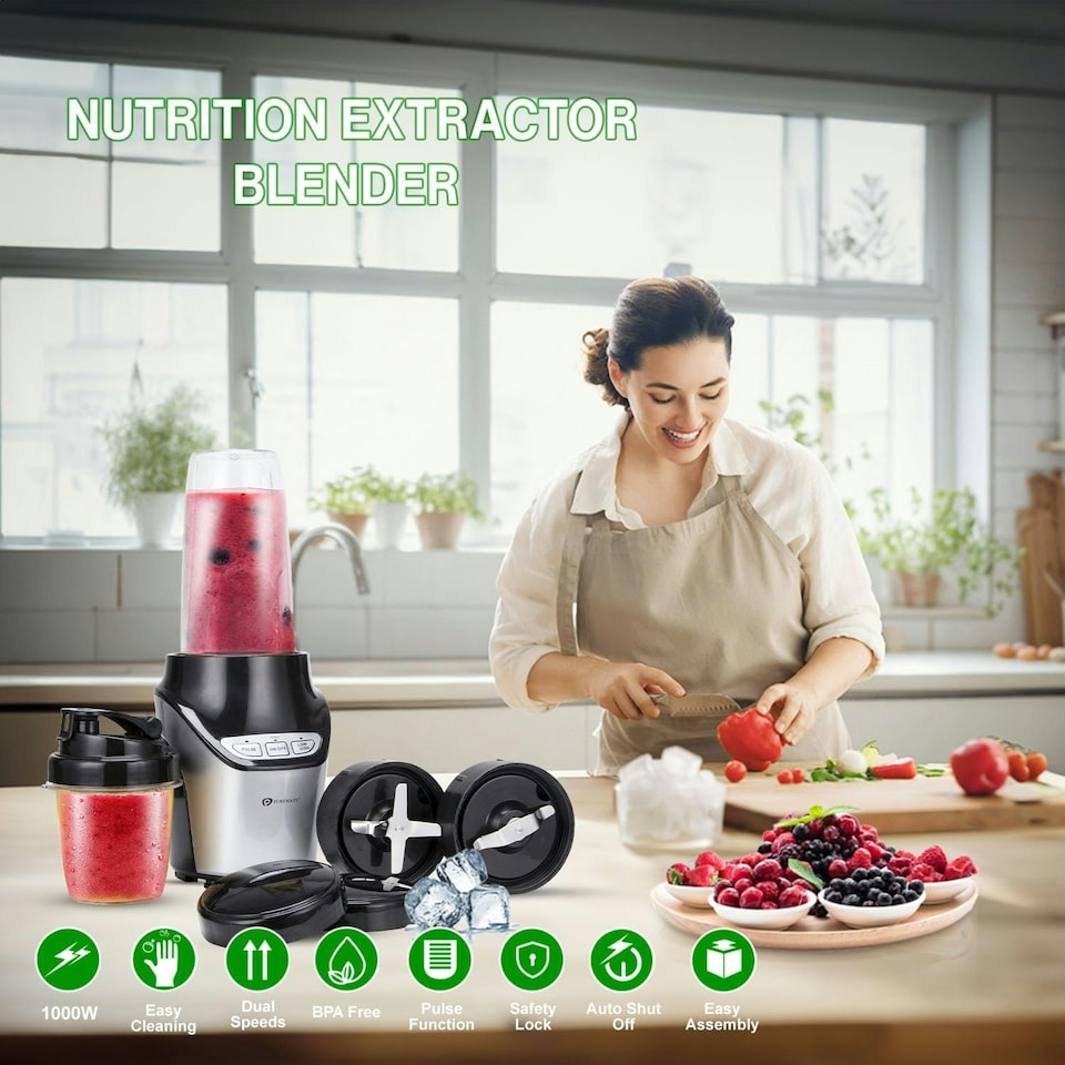 image 1 of PureMate Smoothie Maker and Blender, 1000 Watts, 8 Piece Set, 3 Speed Settings, Stainless Steel Blades Silver