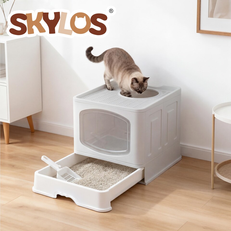 image 1 of Skylos Cat Litter Box Foldable Entry Top Exit Anti Tracking Cat Litter Tray