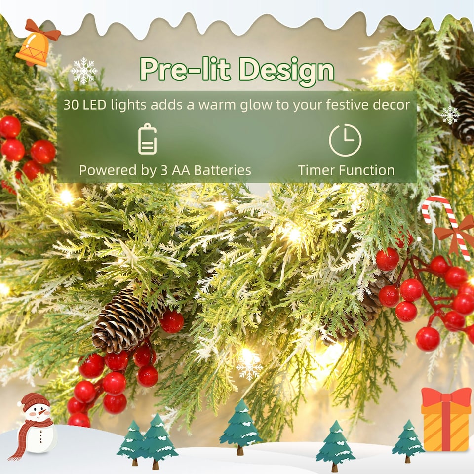 image 1 of HOMCOM 60 cm Prelit Christmas Wreath, Door Wreath with Realistic Branches