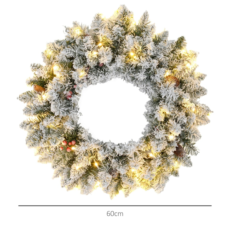 image 1 of HOMCOM 60cm Flocked Christmas Wreath with Lights Pine Cones Berries Green