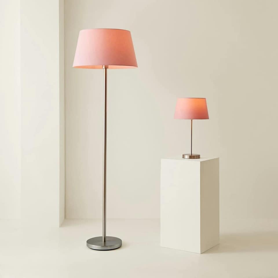 image 1 of ValueLights Modern Floor Lamp In Brushed Chrome Metal Finish With Extra Large Pink Shade