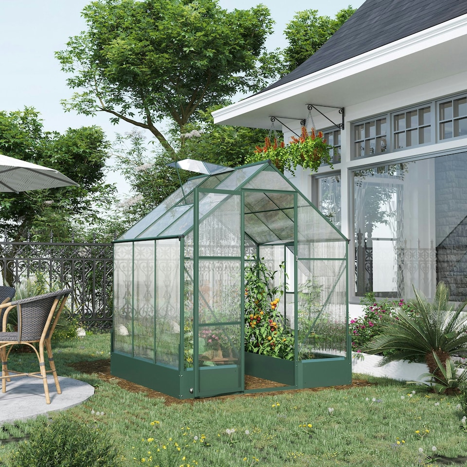 image 1 of Outsunny Walk-in Greenhouse Garden Polycarbonate Aluminium w/ Smart Window 6x8ft | Green