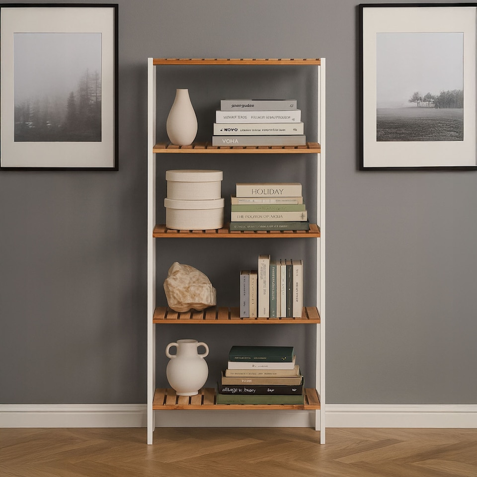 image 1 of Neo 5 Tier Bamboo Storage Shelf Shelves Rack Adjustable | Brown | Natural Wood / White