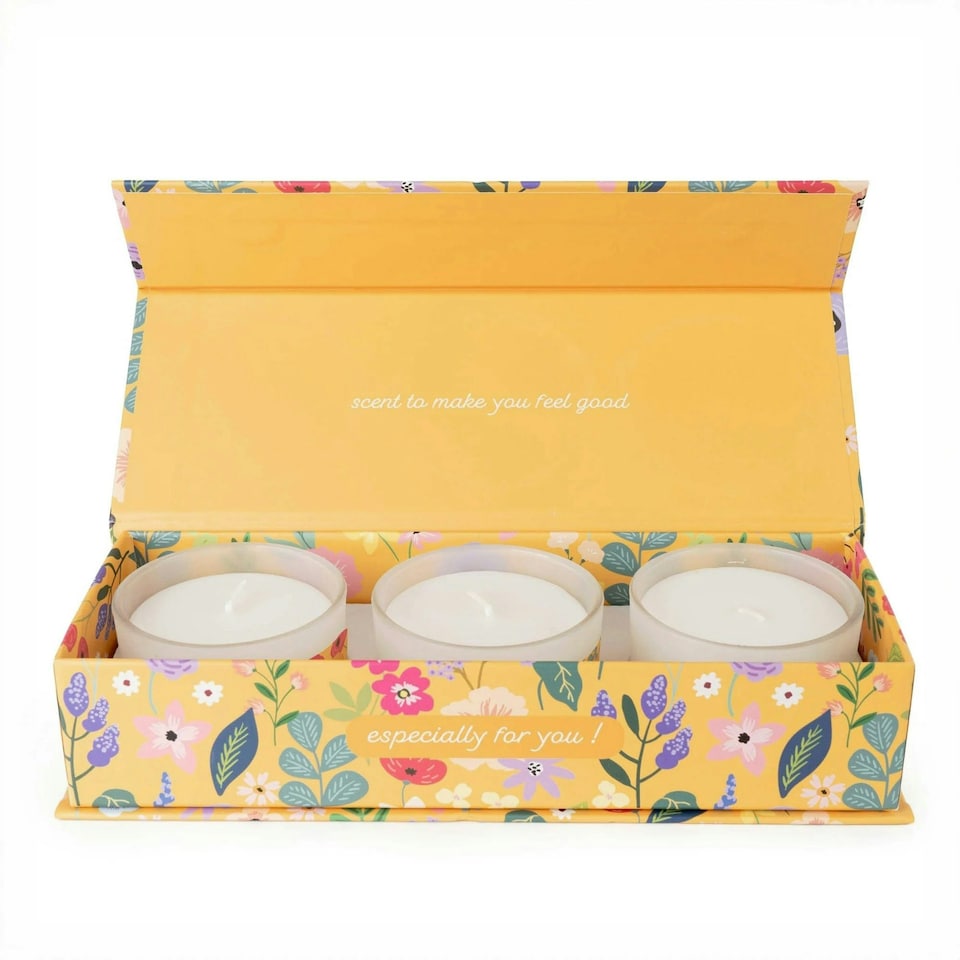 image 1 of Candlelight Happy Birthday Set of 3 Candles Gift Box Floral Ochre Multi | One Size