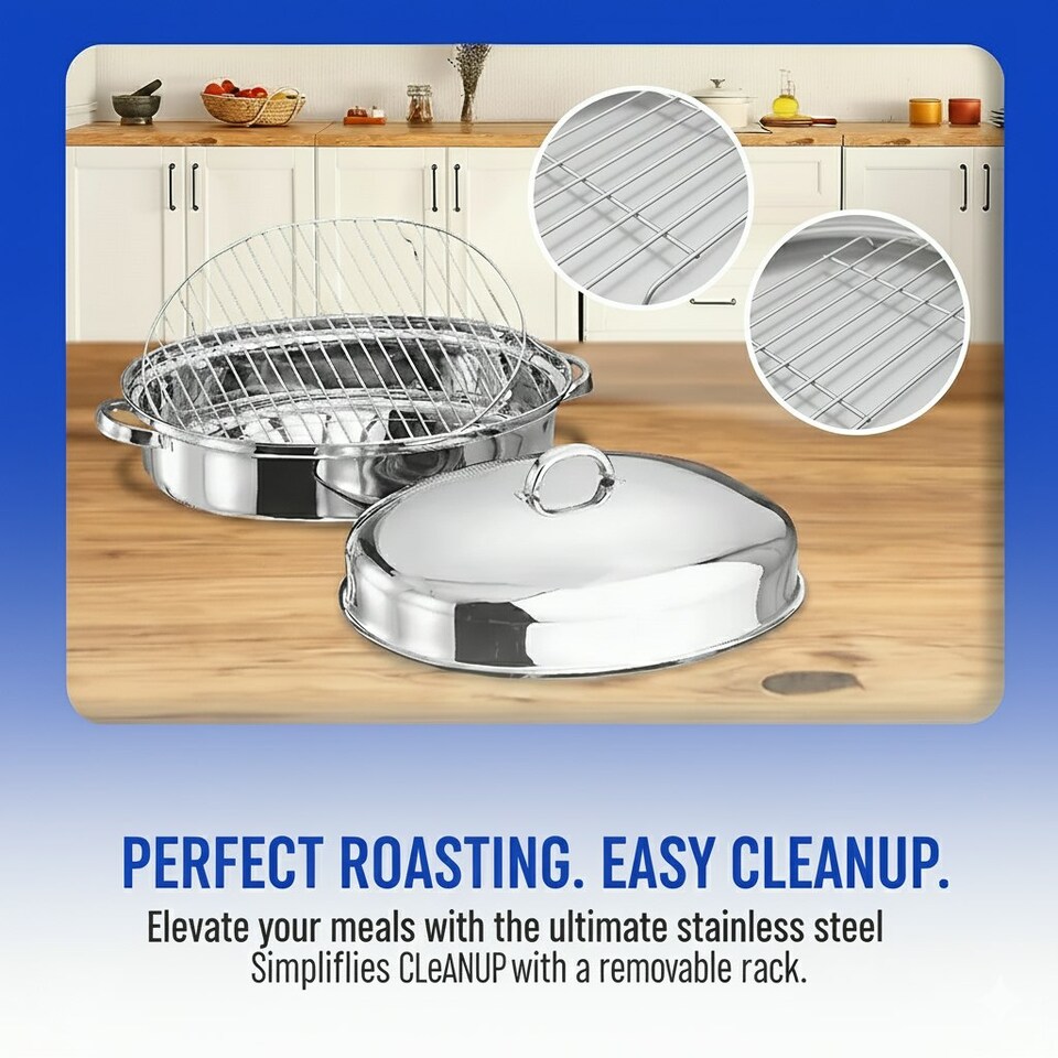 image 1 of Stainless Steel Roasting Oval Pan Tray Set with Removable Rack Cooking Baking Sturdy Handles - Size 32 cm N/A