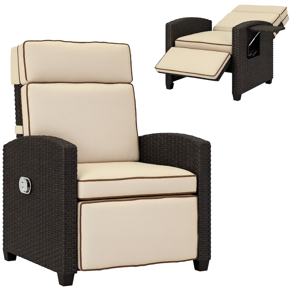 image 1 of Outsunny Rattan Garden Recliner Sun Lounger w/ Flip Table, Dark Brown/Khaki
