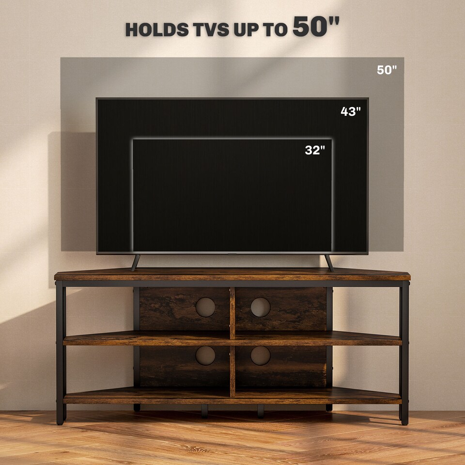 image 1 of HOMCOM Corner TV Stand Cabinet, TV Unit for TVs up to 50 , TV Cabinet with Storage Shelves and Cable Holes for Living Room, Bedroom, Rustic Brown