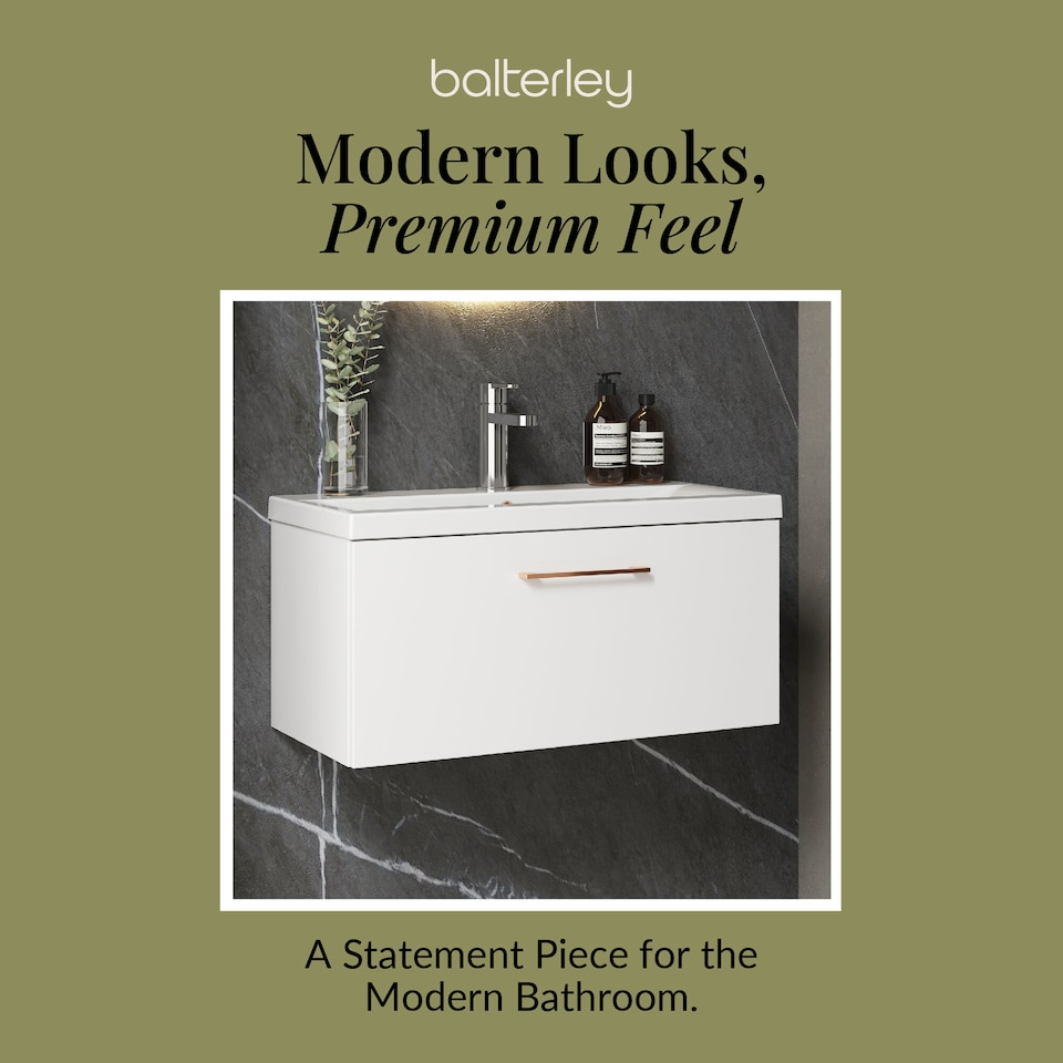 image 1 of Balterley Wall Hung Bathroom 1 Drawer Vanity Unit and 1 Tap Hole Ceramic Basin, with Handle | White | Gloss White