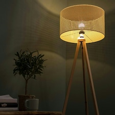 ValueLights Light Wood Tripod Design Floor Lamp With Cream Woven Rattan Wicker Effect Shade
