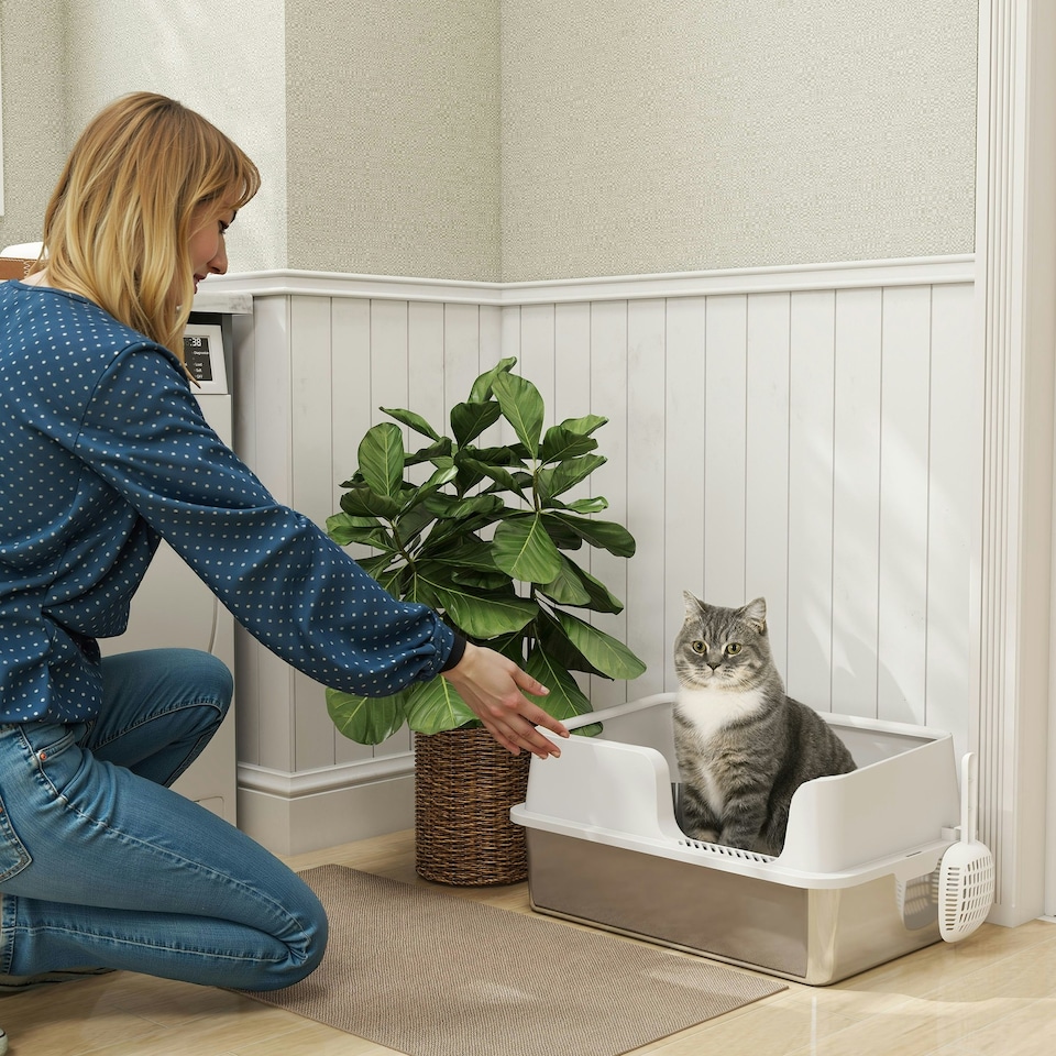 image 1 of PawHut Stainless Steel Litter Box, High Sided Metal Cat Litter Tray w/ Scoop Grey