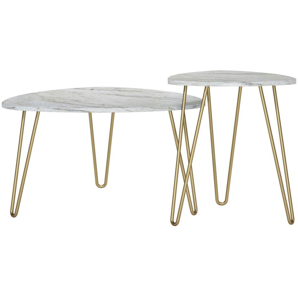 image 1 of Athena Nesting Tables in White Faux Marble / Golden Legs White | White