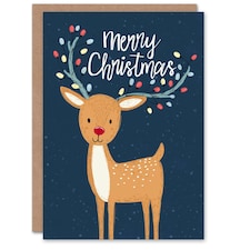 Christmas Card Cute Reindeer Rudolph With Antler String Lights