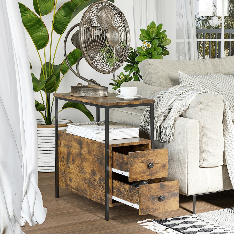 image 1 of HOMCOM Narrow End Table, Sofa Side Table with 2 Drawers Storage Shelf, Brown Brown