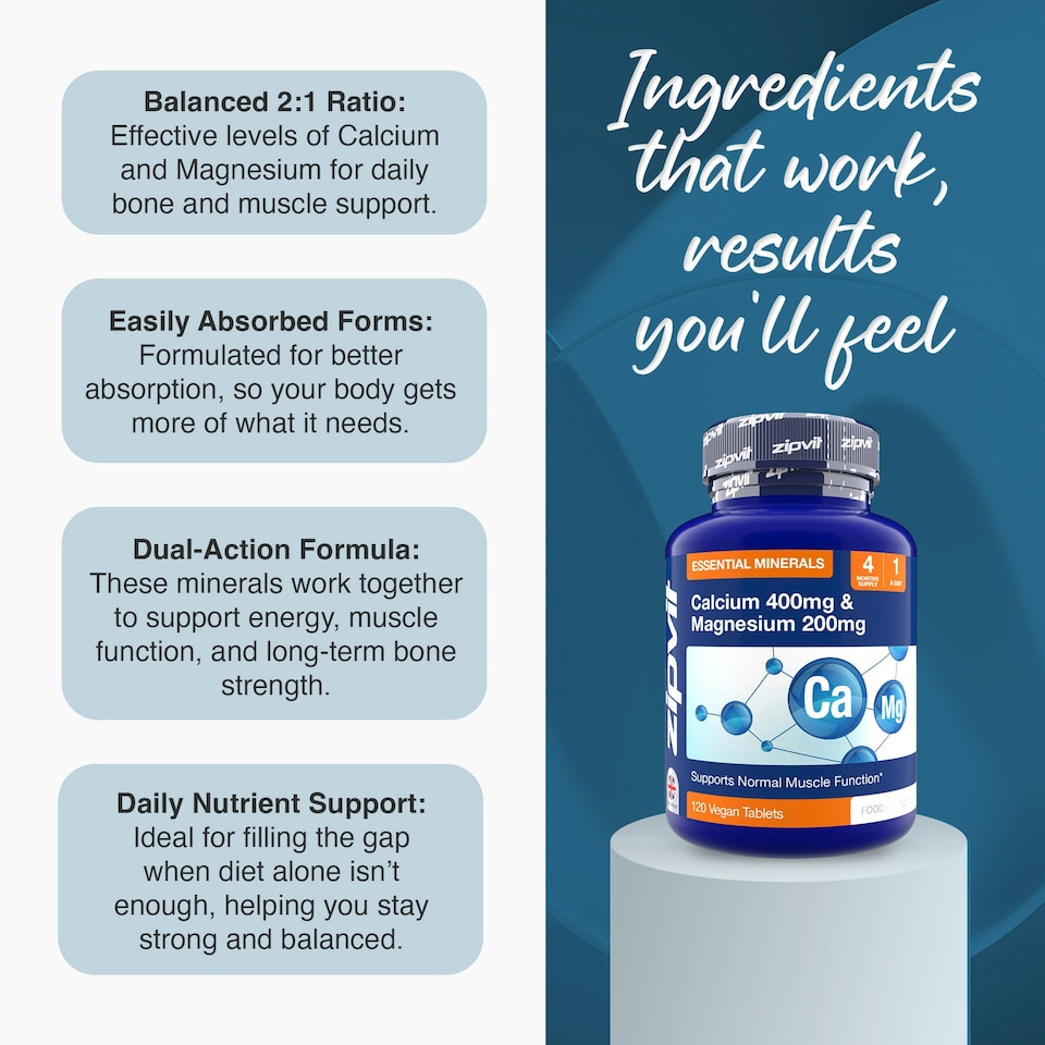 image 1 of Zipvit Calcium 400mg & Magnesium 200mg, Bone, Muscle & Energy Support, 120 Vegan Tablets, 4-Month Supply