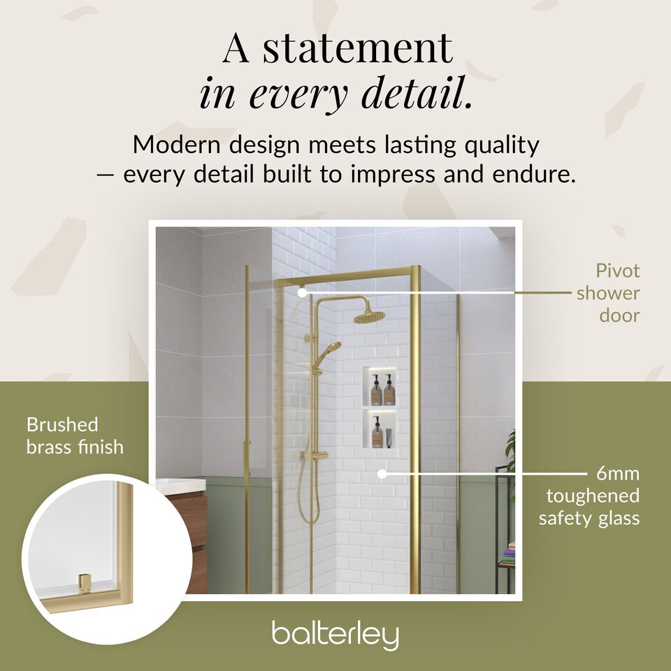 image 1 of Ruwa Pivot Suite & 6mm Glass 800x800mm Tray, Door & Side Panel Brass | Copper | Brushed Brass | 3