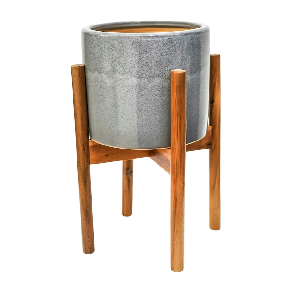image 1 of Anzio Planter with Wooden Stand Grey