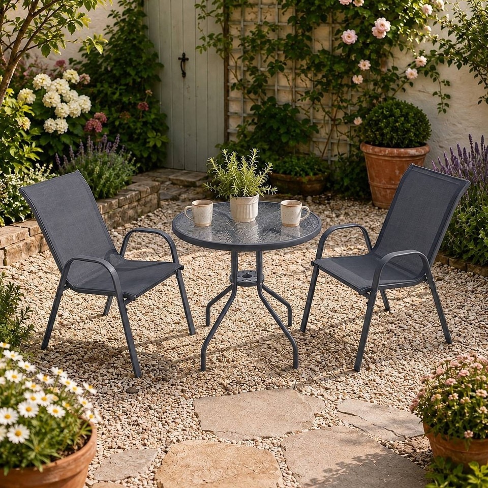 image 1 of 3 Pcs Garden Round Glass Top Table & 2 Chairs Bistro Set
