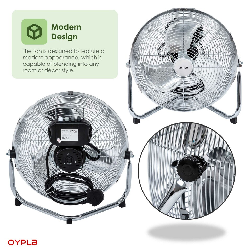image 1 of Oypla Electrical 12" Inch Chrome 3 Speed Floor Standing Gym Fan Hydroponic