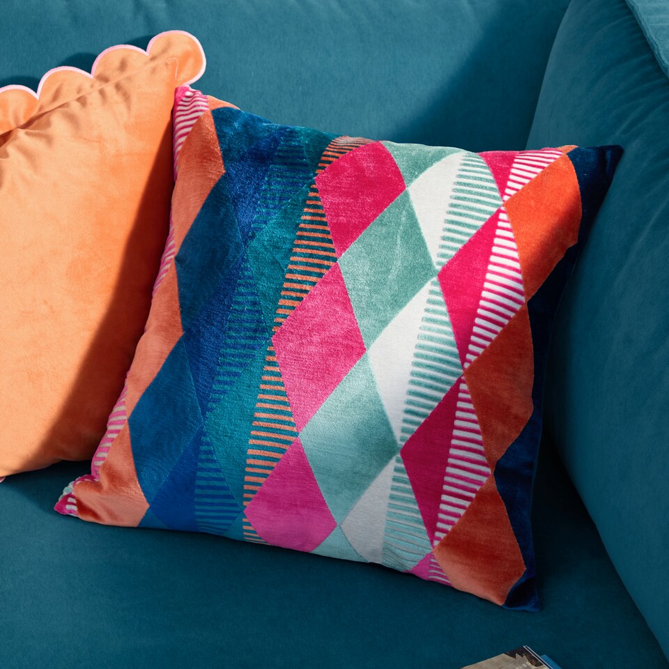 image 1 of Furn Metro Harlequin Velvet Cushion | Multi | Multicolour