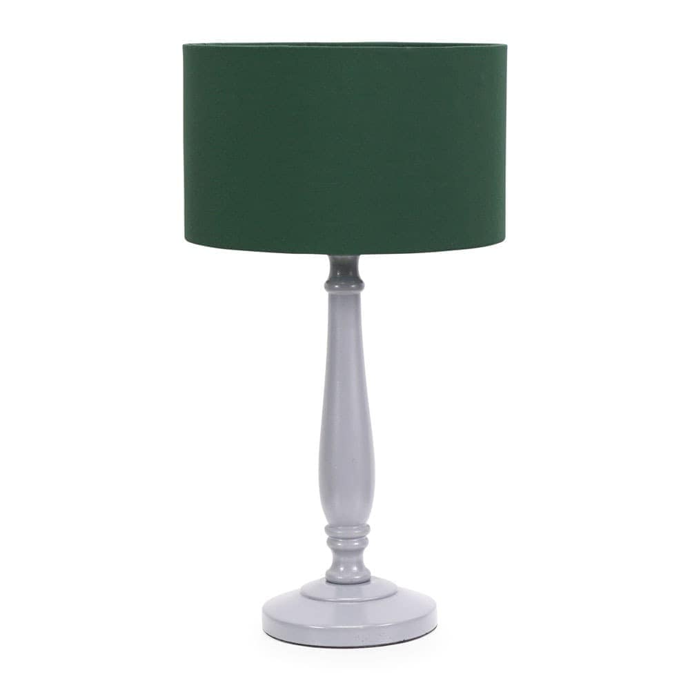 ValueLights Victoria Grey Wood Traditional Table Lamp with Fabric Drum Shade & LED Bulb in Green