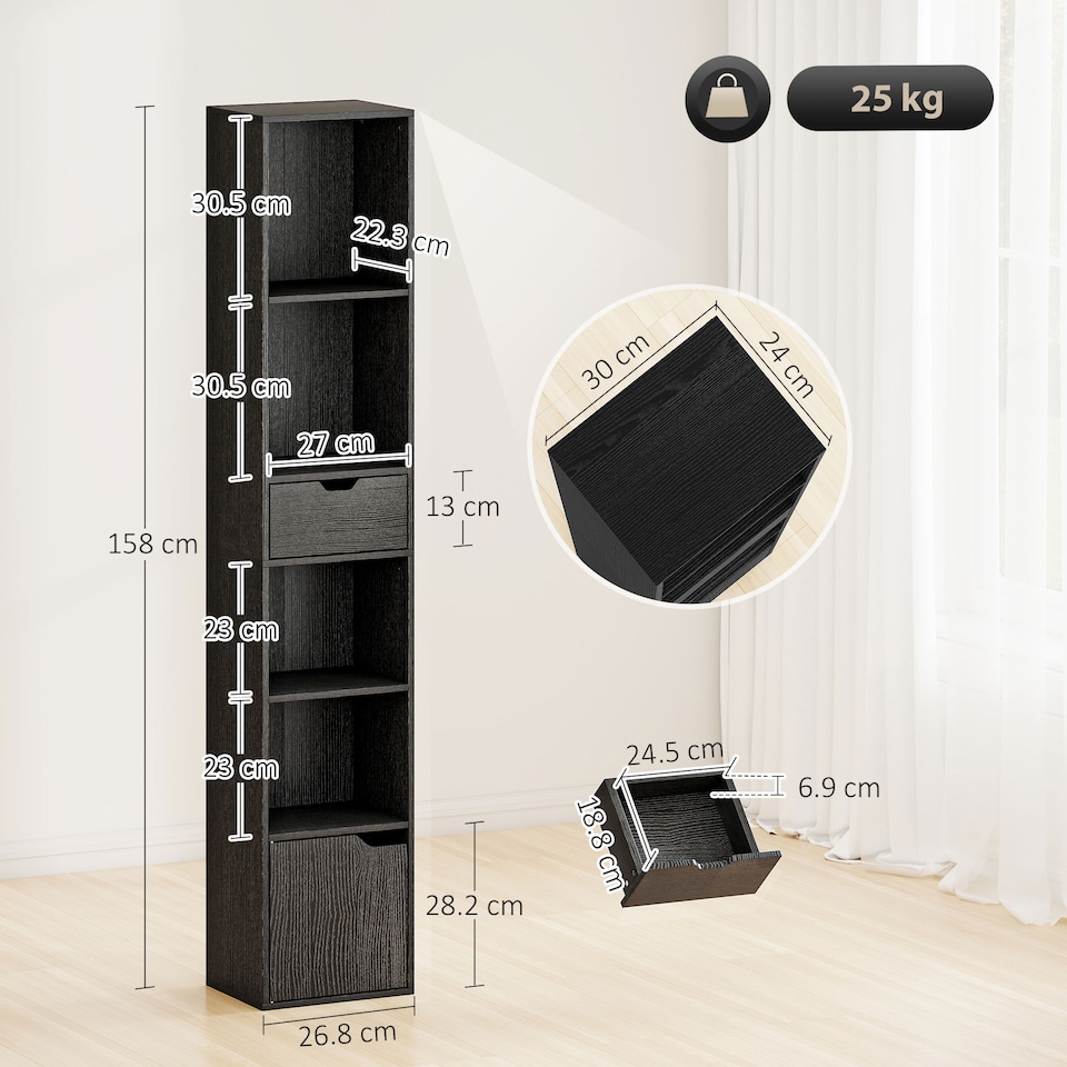 image 1 of HOMCOM 6-Tier Bookcase, Tall Narrow Bookshelf with Drawer, Door, Adjustable Shelf, Modern Display Standing Shelving Unit for Living Room, Home Office, Bedroom, 30 x 24 x 158 cm, Black | Black | Black