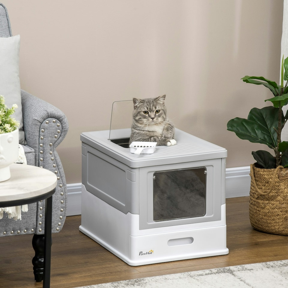image 1 of PawHut Hooded Cat Litter Box, Pet Toilet w/ Scoop, Tray - Grey