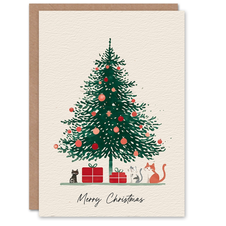 image 1 of Christmas Card Christmas Tree Kittens and Presents Watercolour