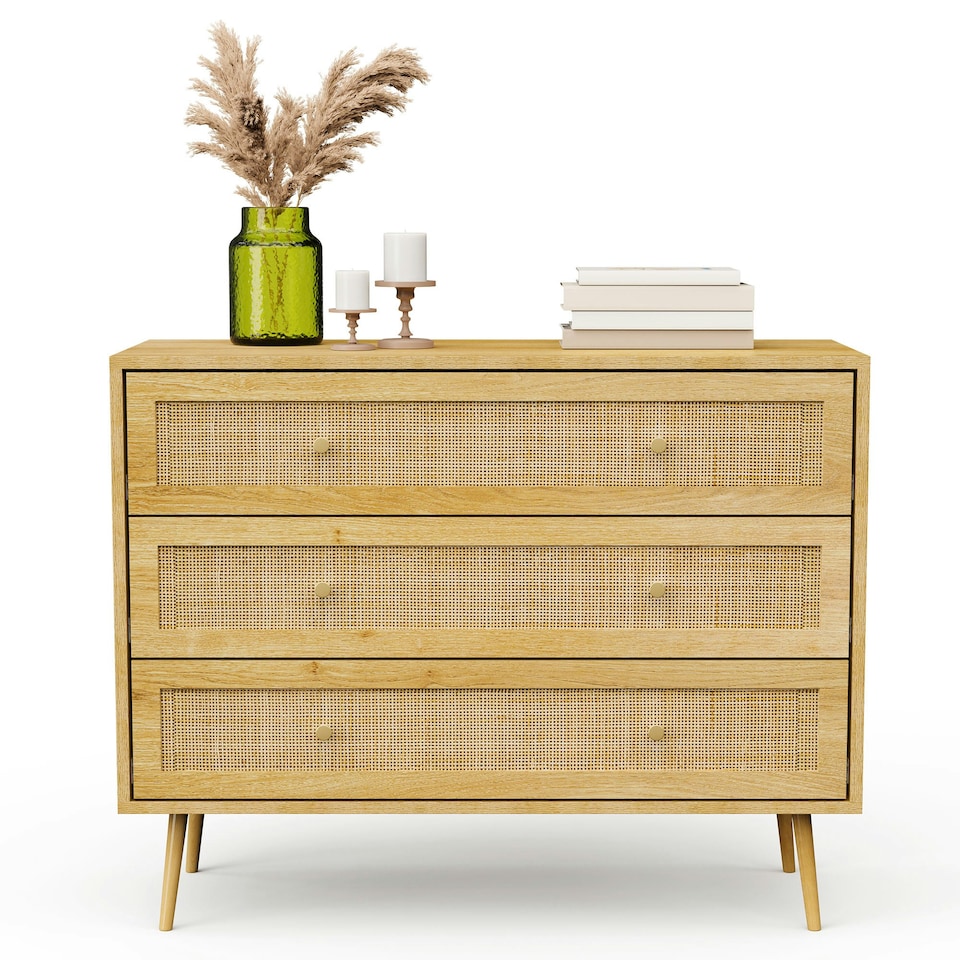 image 1 of VonHaus Rattan Chest of 3 Drawers | Brown