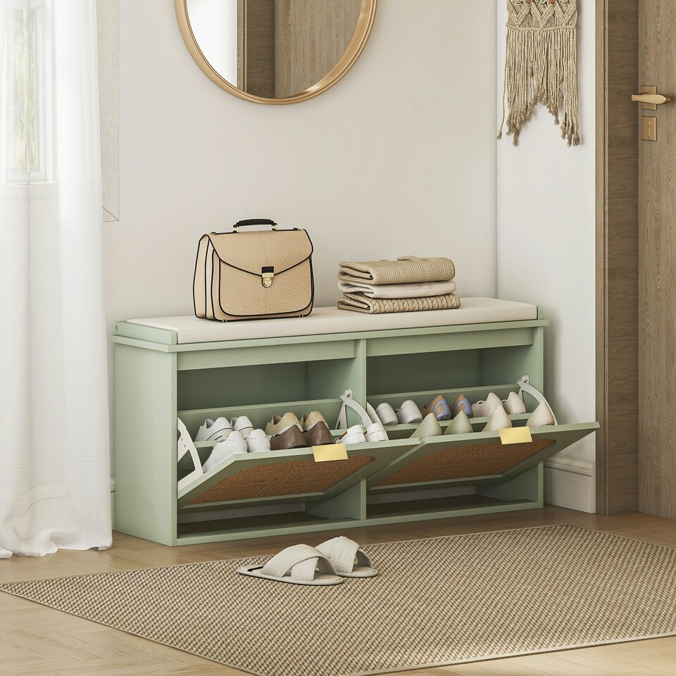 image 1 of HOMCOM Boho Shoe Bench with Padded Seat and 2 Flip-Drawers Green