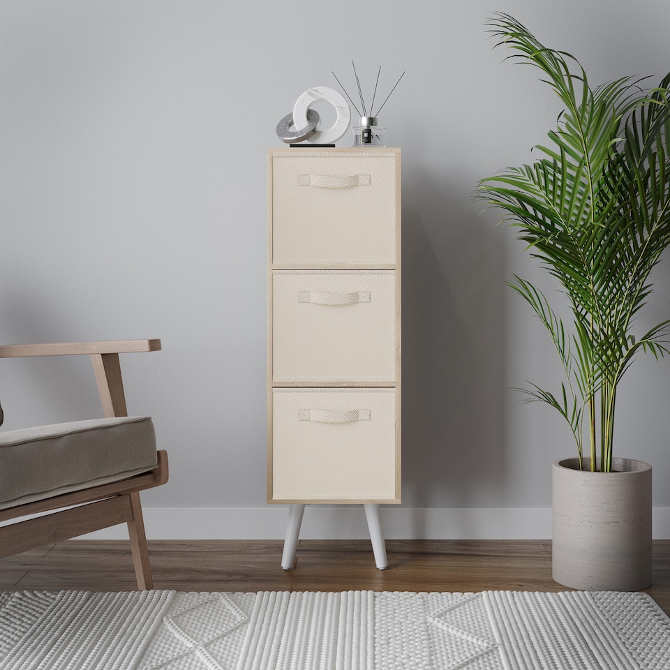 image 1 of Oak 3-Tier 3-Drawer Cube Shelving Unit with Scandinavian Legs | Cream | Cream & White | 1