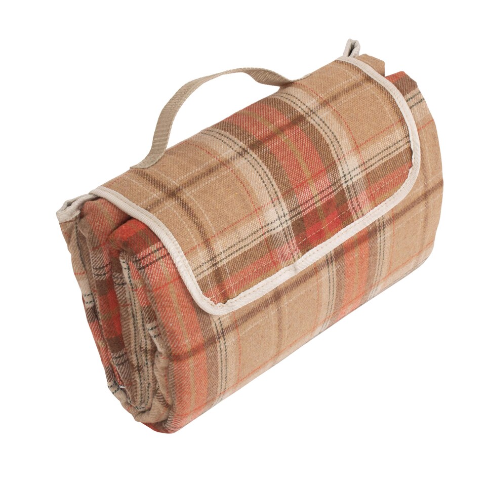 image 1 of Burnt Orange Polyester Fleece Tartan Picnic Rug | Orange | Orange