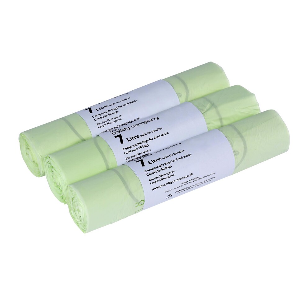 image 1 of The Caddy Company 7 Litre Tie Handle Compostable Food Waste Bin Bags - 3 Rolls