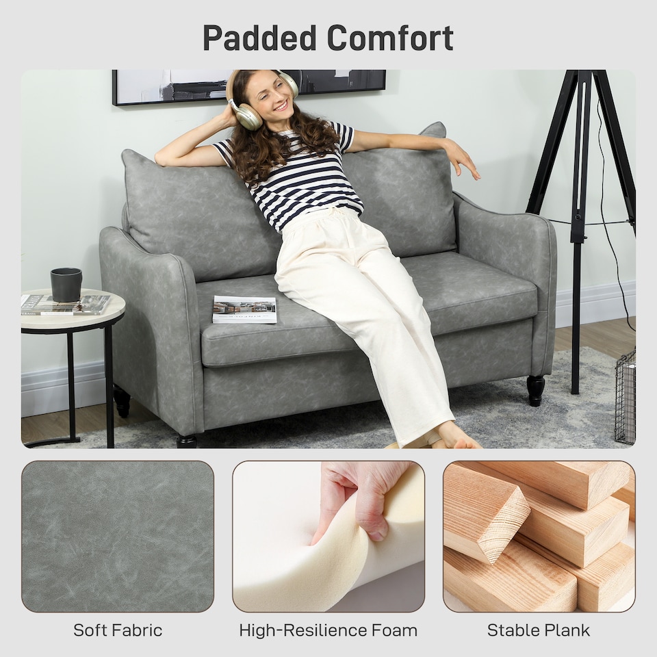 image 1 of HOMCOM Two-Seater Sofa, Modern Small Sofa with Solid Wood Legs, Grey | Grey