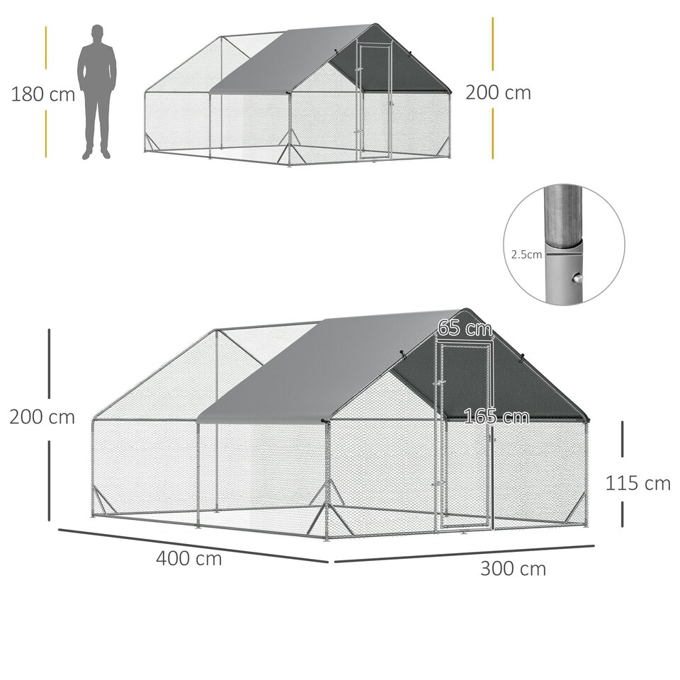 image 1 of PawHut Walk In Chicken Run Large Galvanized Chicken Coop w/ Cover 3 x 4 x 2m