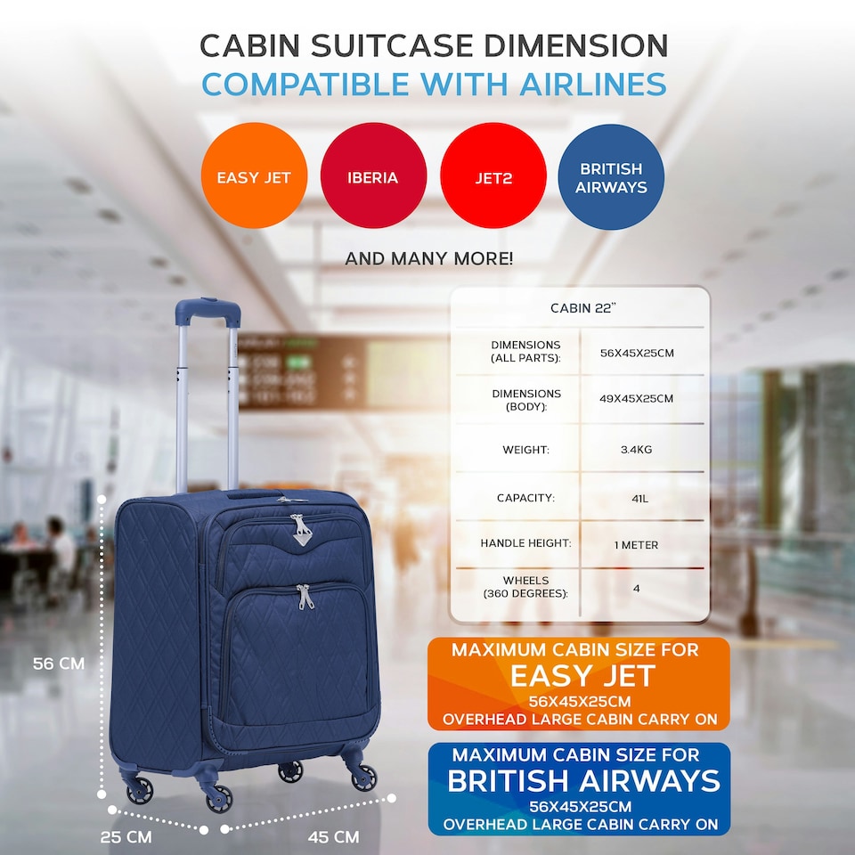 image 1 of Flight Knight Lightweight 4 Wheel 800D Soft Case Quilted Suitcase Cabin Carry On Hand Luggage Approved for easyJet & BA Maximum Size Overhead Carry On Blue | Navy | Cabin Bag