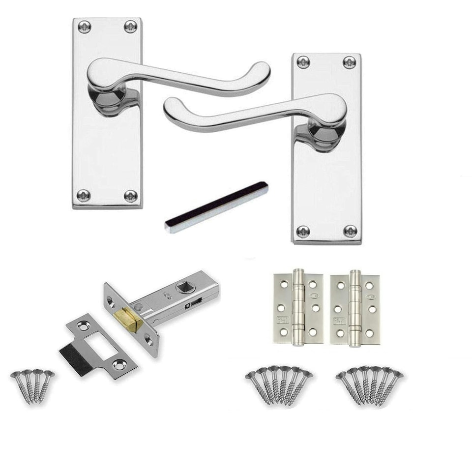 image 1 of Golden Grace 3 Sets Victorian Scroll Latch Door Handles in Polished Chrome with 1 Pair of 3" Ball Bearing Hinges & Latches Pack - 120mm x 40mm Backplate Chrome