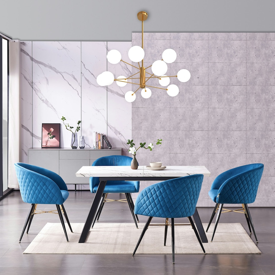 image 1 of Single Vittorio Velvet Dining Chair with Black Metal Legs, Quilted Design Modern Accent Chair | Blue