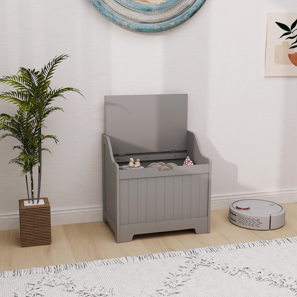 image 1 of HOMCOM Storage Chest, Storage Trunk with Safety Hinge and U-shaped Cut-out Pull, Wooden Storage Box for Living Room, Entryway, 56.5 x 38 x 56 cm, Grey | Grey | Grey