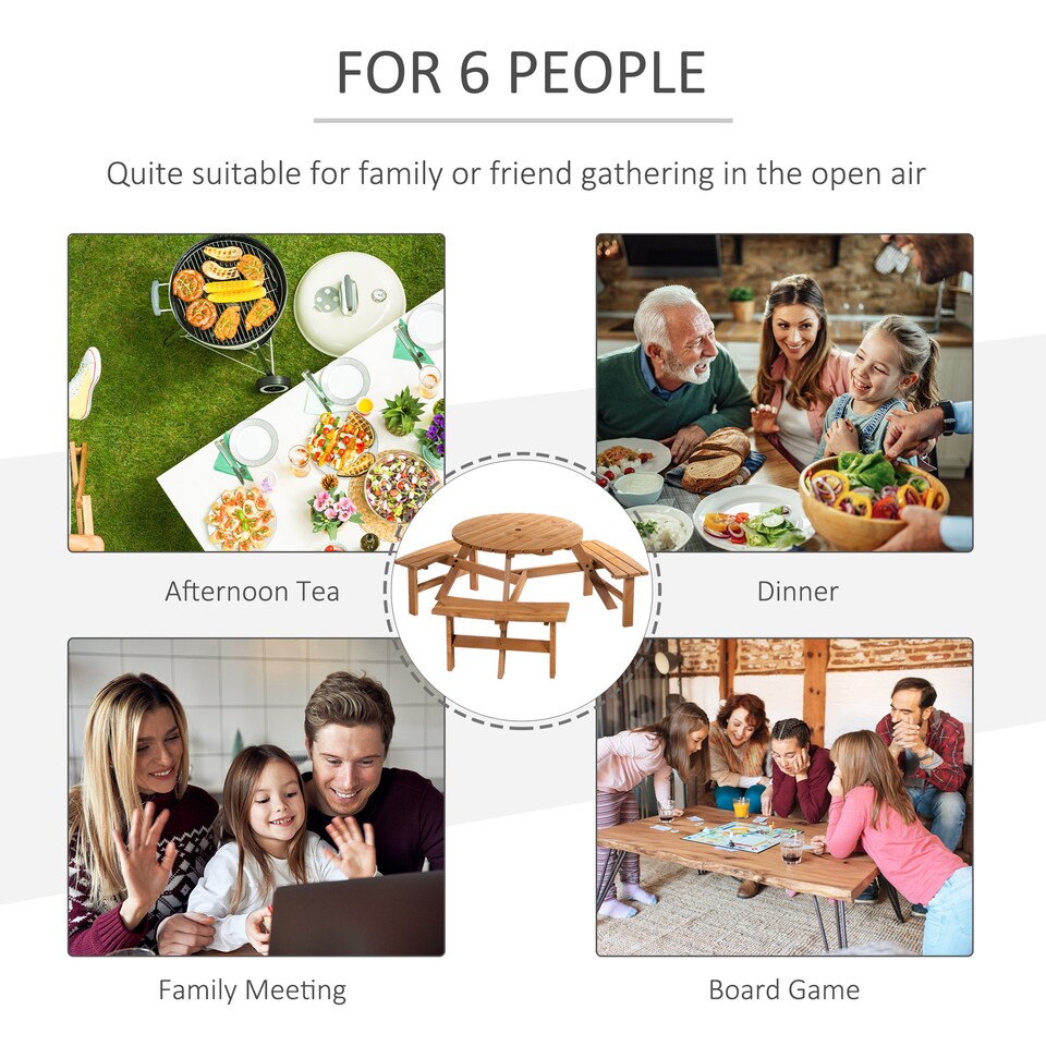 image 1 of Outsunny 6 Seater Wooden Picnic Table and Garden Benches Set, Round Garden Dining Set with 3 Benches and Umbrella Hole Outdoor Garden Park, Brownish Red