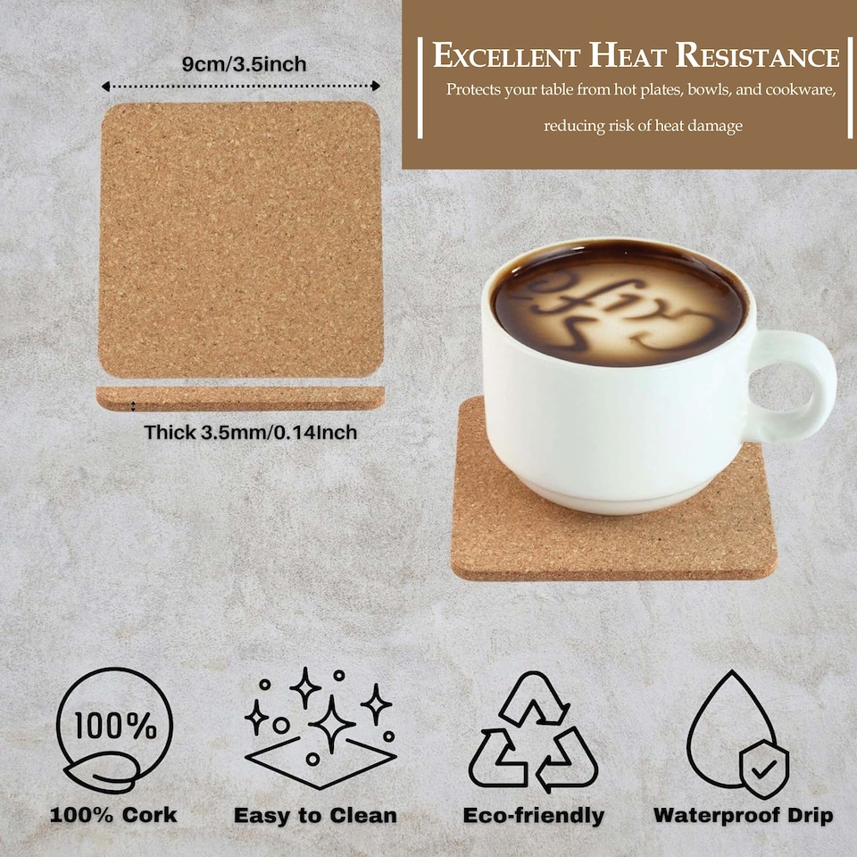 image 1 of Apollo Square Cork Coaster Set Of 6 Heat Resistant Drink Coasters 10cm Natural Cork Round Edge Table Protects Home Kitchen Use