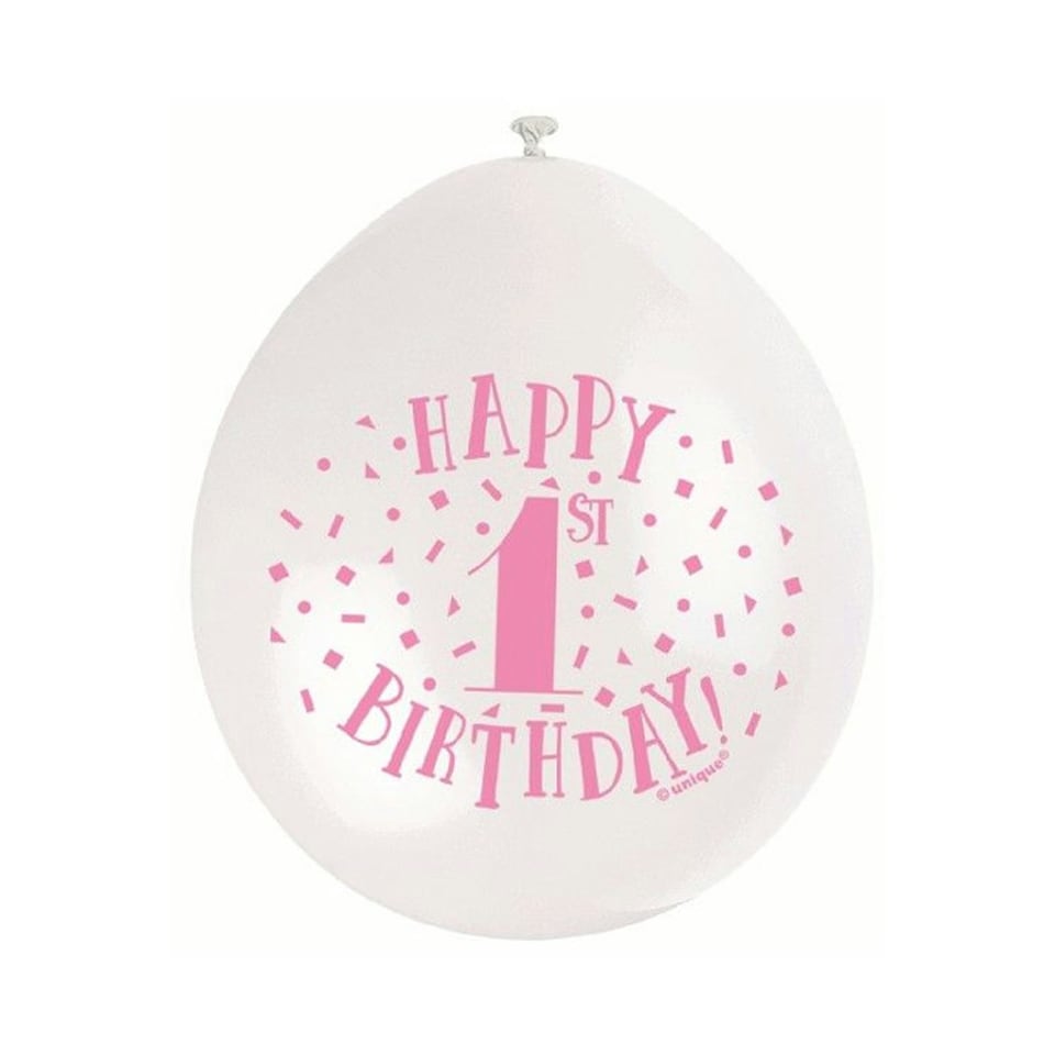 image 1 of Unique Party Happy 1st Birthday Latex Balloons (Pack of 10) - Pink/White - One Size